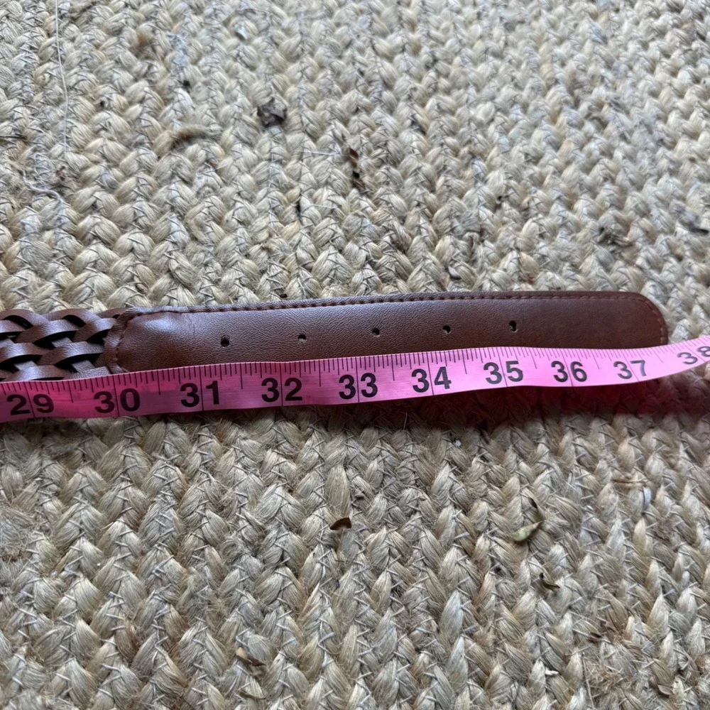 Two Tone Braided Woven Belt Brown Black Faux Leather Round Buckle Boho 37 Inch